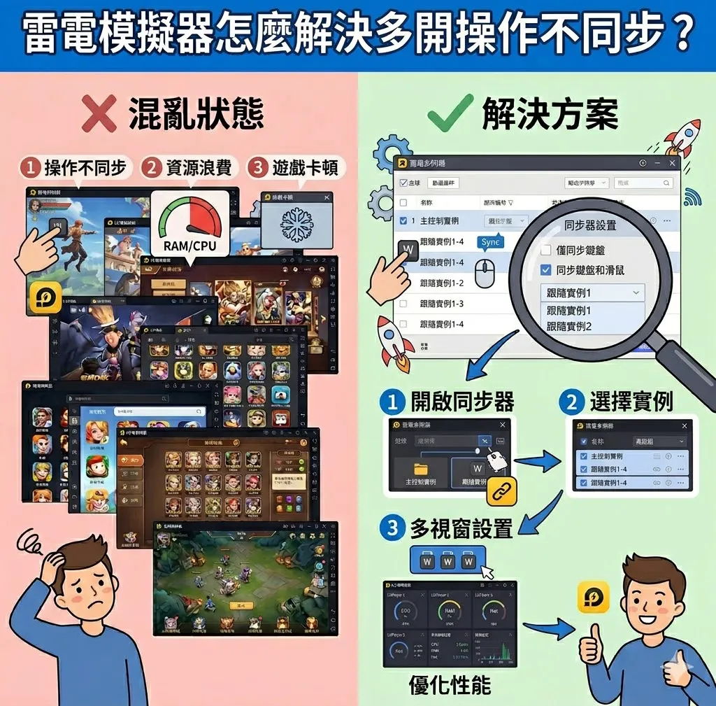  雷電模擬器怎麼解決多開操作不同步？